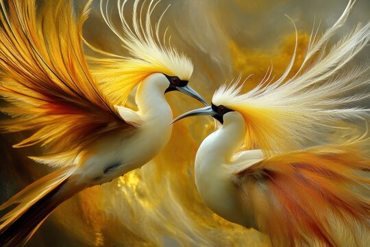 Courtship display of birds of paradise showcasing vibrant plumage in a tropical setting, courtship of birds of paradise