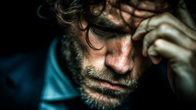 Man in deep thought, forehead furrowed, expressing stress and contemplation
