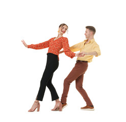 Fototapeta premium Happy couple in retro outfits dancing on white background