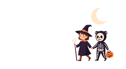 Kids in witch and skeleton costumes walking under moonlight