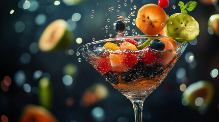 Vibrant fruit cocktail bursts with refreshing bubbles and fresh mint garnish