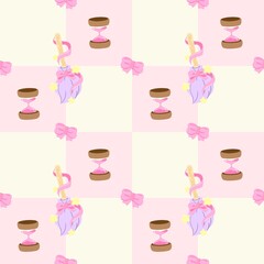 Seamless Kawaii Magic Girl Pattern with Wand, Bow and Hourglass &ndash; Pastel Aesthetic Background
