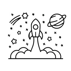 Black and White Rocket Illustration with Stars and Planet