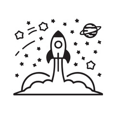 Black and White Rocket Illustration with Stars and Planet