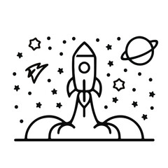 Black and White Rocket Illustration with Stars and Planet