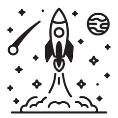 Black and White Rocket Illustration with Stars and Planet