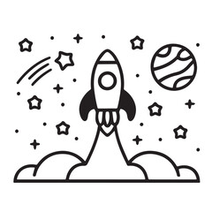 Black and White Rocket Illustration with Stars and Planet