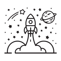 Black and White Rocket Illustration with Stars and Planet