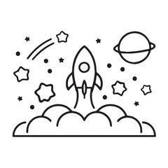 Black and White Rocket Illustration with Stars and Planet