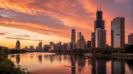 Fototapeta premium A stunning cityscape at sunset, reflected in the river, showcasing the beauty of urban life