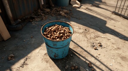 Naklejka premium Bucket full of beans on concrete surface in bright sunlight
