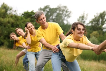 Fototapeta premium Team building. Group of happy people holding hands outdoors