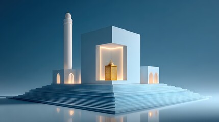 Fototapeta premium Minimal 3D representation of Friday mosque with neon-gold pulpit for Jumuah prayer