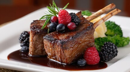 Tender grilled meat sits elegantly on a white plate, garnished with vibrant berries and herbs, showcasing exquisite culinary artistry