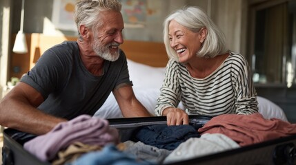 mature smiling couple trying to close overstuffed suitcase with too much clothes for vacation senior man and mid woman having fun while packing suitcase full with clothes for holiday copy space no lo