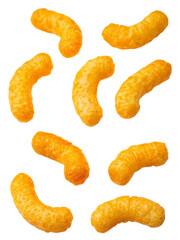 Crunchy cheese puffs isolated on white background for snack lovers and tasty food enthusiasts