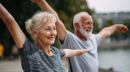 senior couple doing sport and physical exercises outdoor active senior man and elderly woman doing workout at park aged couple doing their stretches in the park no logos no brands ar 169