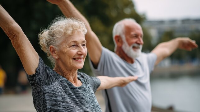 senior couple doing sport and physical exercises outdoor active senior man and elderly woman doing workout at park aged couple doing their stretches in the park no logos no brands ar 169