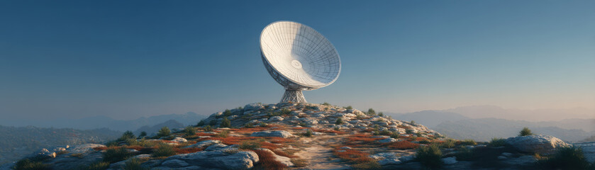 Weather radar, Satellite dish weather radar stands on rocky hilltop under clear blue sky with distant mountains and soft sunlight