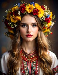 Young woman with long brown hair, wearing a traditional embroidered blouse and a vibrant flower crown