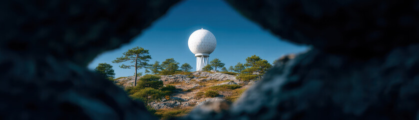Weather radar, Weather radar dome stands on rocky hill surrounded by green pine trees under clear blue sky in bright daylight