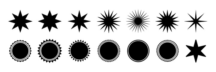 Fototapeta premium Black and white starburst and badge shape collection. Vector illustration set of star shapes, sunbursts, and circular badges with decorative borders. Design elements for logos, icons, and graphic desi