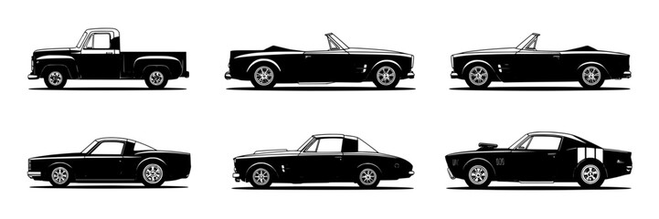 Obraz premium Set of monochrome vector illustrations of classic American cars. Collection of vintage pickup truck, convertible, and muscle car silhouettes. Side view, black and white drawings of automotive icons, d