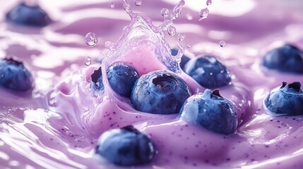 Splash of blueberries in creamy yogurt food bright colors freshness concept