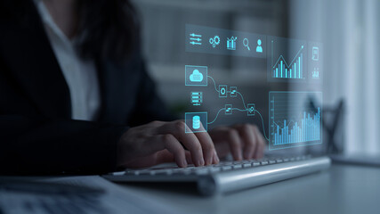 Data flow from database and cloud to processing and analytics dashboards, representing data analysis, automation, insight generation, and digital intelligence Latch