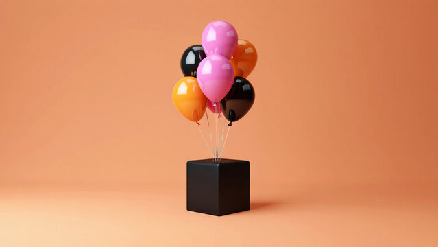 A cluster of colorful balloons floating above a black cube against an orange background