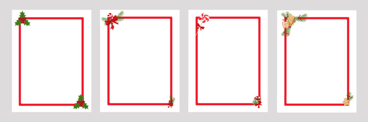 Vector blank holiday card templates with red frames decorated with festive ornaments, ideal for holiday messages, kids essays, menus, social media posts, packaging, childrens design, flyers, posters.