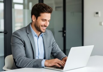 Professional businessman working on a laptop computer in a modern office smiling and engaged in his work achieving success and meeting deadlines