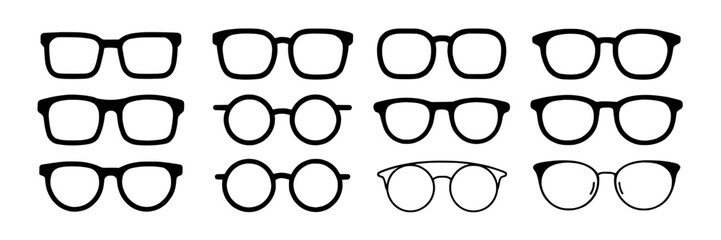 Eyeglasses icons collection. Vector set of various spectacles shapes - square, round, retro. Black and white line art illustration of different eyewear frames. Simple, minimalist design elements for o