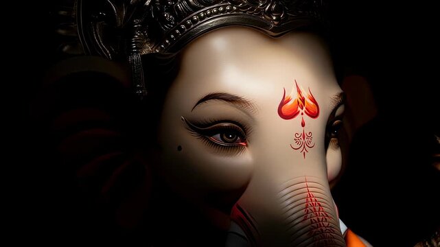 An intimate closeup of lord ganesha, the revered hindu deity, highlighting the intricate details and symbolic markings, radiating divine presence and auspiciousness