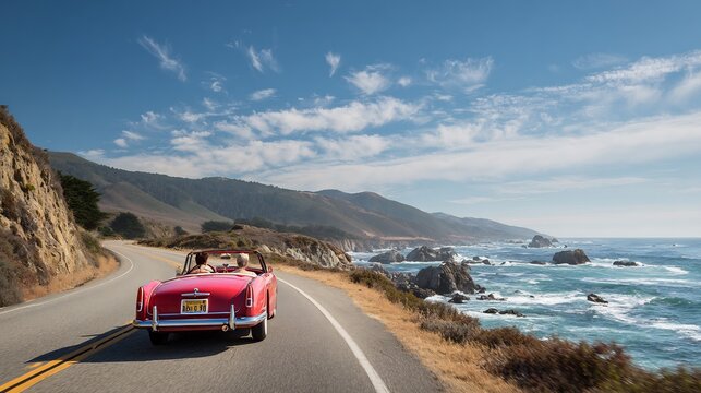 A classic red convertible car travels along the stunning coastal highway on clear day