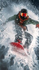 Snowboarder riding through deep snow in the mountains action shot winter sports dynamic environment close-up thrill of adventure