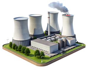 nuclear power plant with nuclear plant isolated on white background. PNG Transparent file type with high definition quality And vibrant color grading Available.