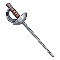 透明な背景に銀色のガードが付いた茶色のハンドルのフェンシングの剣のピクセルアート