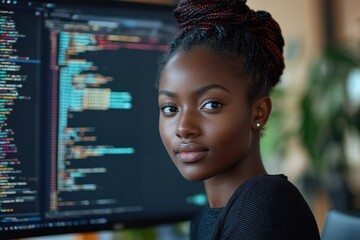 Coding workshop aspiring developer focuses on computer programming modern office digital portrait creative space