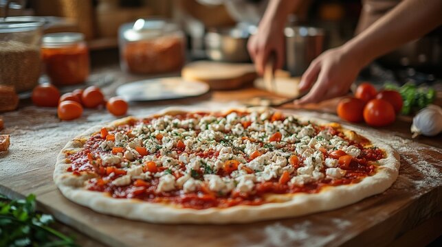 Crafting homemade pizza kitchen table culinary cozy atmosphere delicious food creation