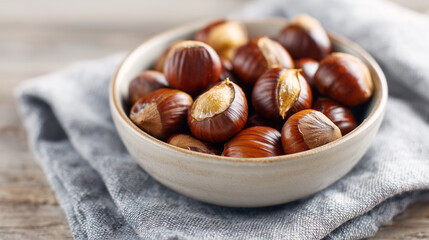 Obraz premium Fresh chestnuts in a ceramic bowl on a soft gray cloth, ready for roasting.