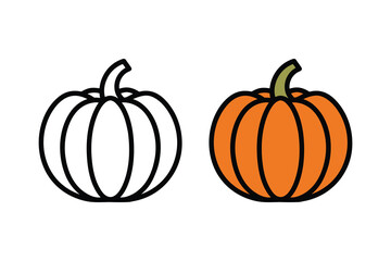 Pumpkin icon set. Vector illustration of an autumn gourd in outline and flat color styles for Halloween.