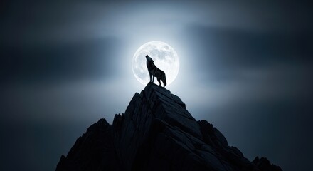 A Lone Wolf's Midnight Serenade: Silhouette of a majestic wolf howling at the full moon atop a rugged mountain peak, evoking a sense of primal freedom and the raw beauty of the wild. 