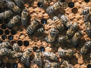 Many bees are working intensely on the honeycombs, creating honey in a sunny environment. The scene portrays the hard work and determination of these insects in late spring
