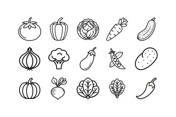 Vegetable Line Icon Set. Black and white outline vector collection of fresh organic food for coloring book and design.