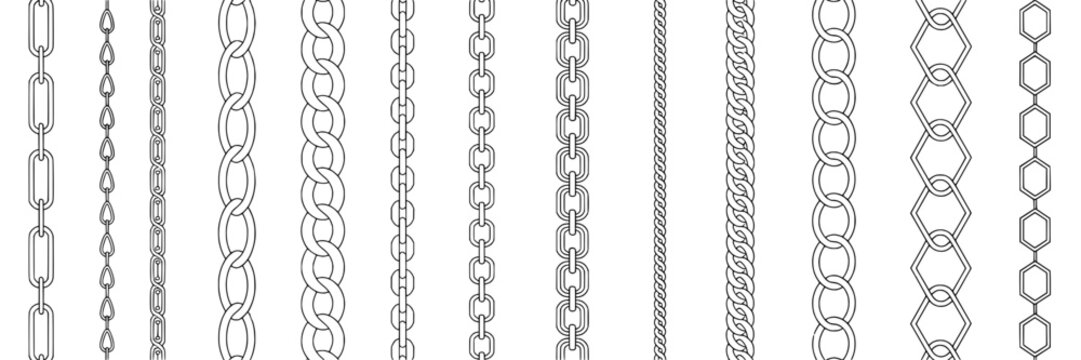 Chain vector set. Collection of various chain styles - oval, round, square, hexagon link shapes. Black and white line art illustration of metal chains, connection, security, jewelry design elements. S