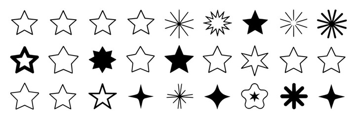 Obraz premium Star icons collection - vector set of various star shapes, sparkles, bursts, outlines, and solid fills. Black and white graphic design elements for ratings, decorations, and UI. Simple, minimalist sty