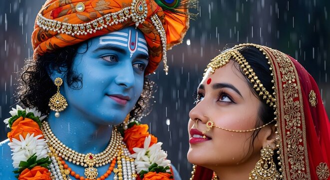 Radha krishna love story indian mythology hindu god and goddess romantic rain scene art 90