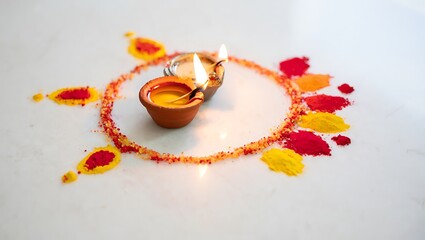 Diwali celebration with illuminated diyas and colorful rangoli pattern for auspicious occasion and traditional Hindu festival