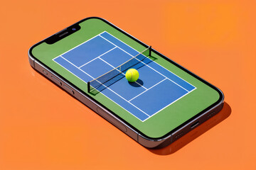 Tennis court and ball on smartphone screen with vibrant background representing digital training online, match streaming, live tournaments, betting platforms and mobile sports services with copy space